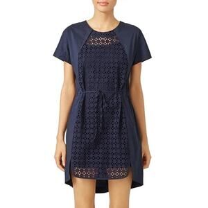 O'2nd Navy Garden Fence Dress 2 Short Sleeve Crew Neck Eyelets Drawstring Waist
